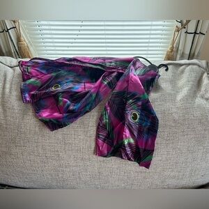 BEAUTIFUL Purple and Green Peacock Satin Scarf 100% Polyester 60ins by 12 ins